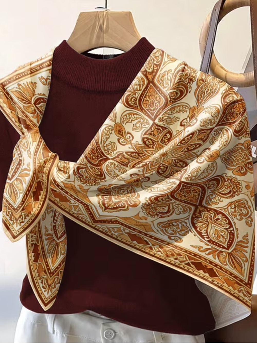 Gold Tone  Paisley Scarf in Cream and Brown - Silky Soft